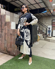 Black Maslin Cotton Soft Kurti With Price and Online Shopping Price Under 1000 . this fabric Silk and Soft Smooth Fabric . Traditional Look and Model Woman Using This Printed Work . This Maslin Cotton Soft Silk Fabric . This Kurti Pent Added and Traditional Look 2024-25 .